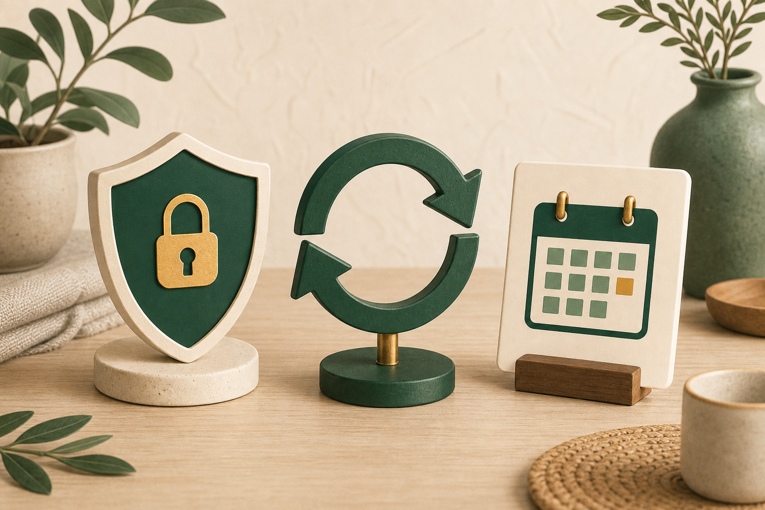 Illustrated cluster of trust signals representing encryption, backup, and clear billing.